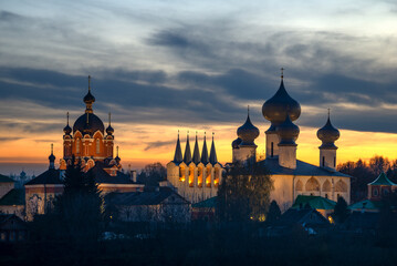 Sunset over the old Tikhvin Monastery. Leningrad region, Tikhvin, Russia