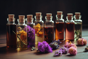 glass vials with different essential oils, and with fresh herbs, aromatherapy on a wooden table