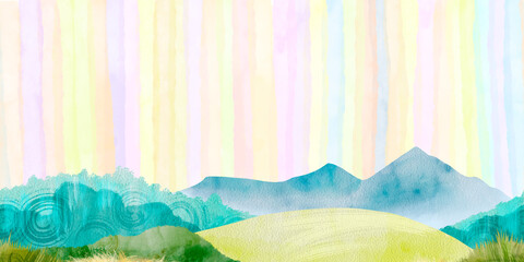 Mountains, forest and field. Seamless border in the form of a watercolor landscape. For printing packaging, wallpaper, towels, banners, invitations and website designs. Stylized for a children's theme