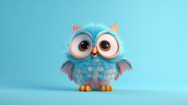  a blue owl with big eyes sitting on a blue background.  generative ai