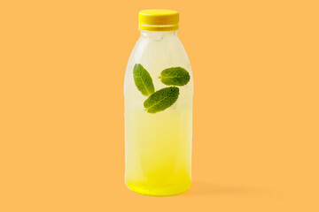 Melon lemonade with melon puree, mint, melon syrup, ice, sparkling water on a yellow background for food delivery website 1