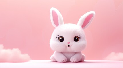  a white rabbit sitting on top of a pink surface with clouds.  generative ai