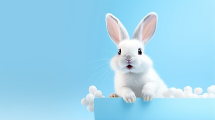  a white rabbit is peeking out from behind a blue box.  generative ai