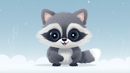  a raccoon sitting in the snow with a blue sky background.  generative ai