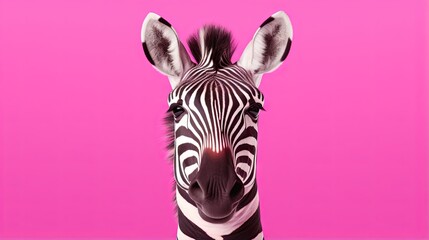  a close up of a zebra's head against a pink background.  generative ai