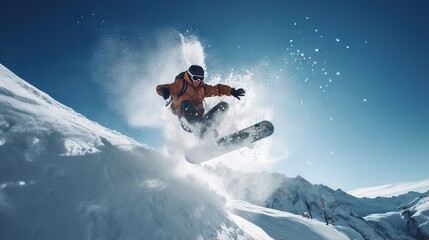  a man flying through the air while riding a snowboard.  generative ai