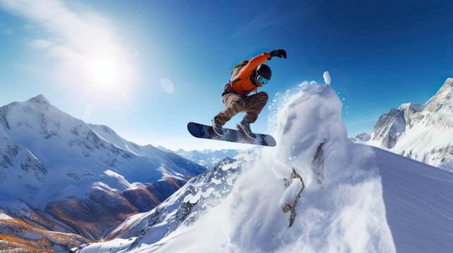  a snowboarder in an orange jacket is doing a trick.  generative ai