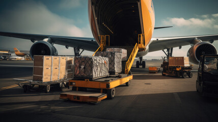 A cargo plane is loaded with luggage. A large airplane view from the inside. Cargo compartment. - obrazy, fototapety, plakaty