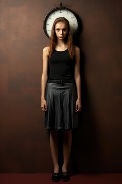 Full view of a teen girl with eating disorders. Skinny, thin, slim, anorexic, anorexia. weight scale behind her head. 