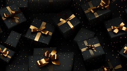  a lot of presents that are wrapped in gold ribbon and bows.  generative ai