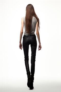 Full view of a teen girl with eating disorders. Skinny, thin, slim, anorexic, anorexia. Long auburn redhead hair. skinny black leather pants. 