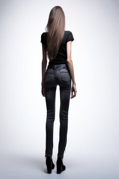 Full view of a teen girl with eating disorders. Skinny, thin, slim, anorexic, anorexia. Long straight brown hair. Jeans. White background. 