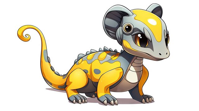  a yellow and gray dinosaur with a black nose and tail.  generative ai