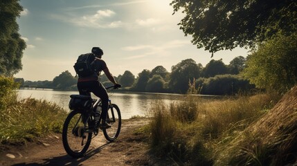 Fototapeta premium An individual cycling along a riverside path, their helmet and water bottle on the bike frame.