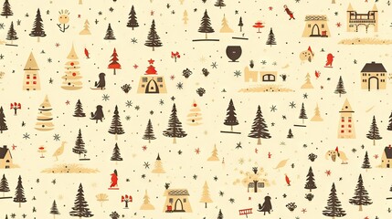  a christmas pattern with trees, houses, and snowflakes.  generative ai