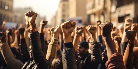 View of non-violent protesters with their fist raised