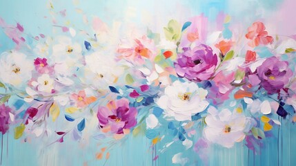 Obraz na płótnie Canvas a painting of flowers painted on a blue background with white and pink flowers. generative ai