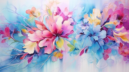  a painting of flowers on a blue and pink background with a white border.  generative ai