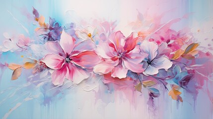  a painting of pink flowers on a blue and white background.  generative ai