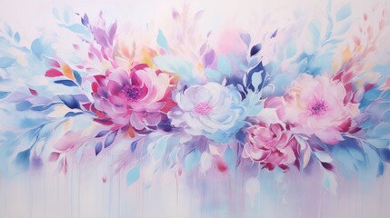  a painting of flowers painted on a white wall with blue and pink colors.  generative ai