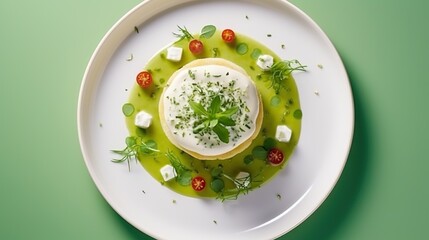  a white plate topped with a green sauce and topped with cheese.  generative ai
