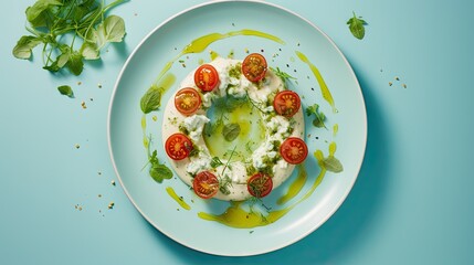  a plate of food with tomatoes and cheese on it and a sprig of basil.  generative ai