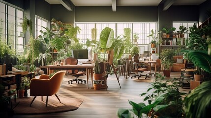 Fototapeta premium An office space adorned with elegant wood furniture, plenty of indoor plants, and an ergonomic chair.