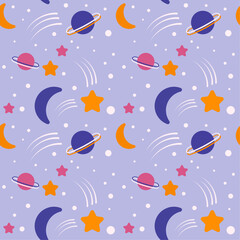 Seamless pattern for wallpaper, textile, clothing, mug, plate, bedroom, bed linen, carpet, notepad. Moon, stars, starry sky, planets, space vector