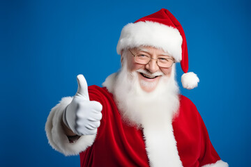 Thumbs up from smiling Santa Claus, light blue background