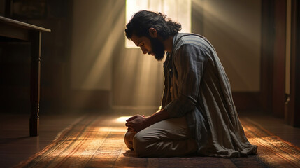 An ancient Middle Eastern man kneels in prayer in his religious home. Created using Generative AI technology.