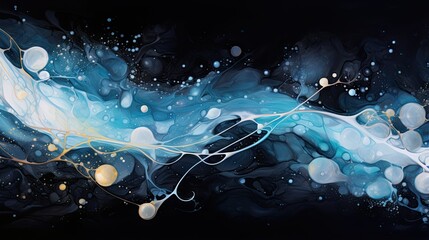  a painting of blue and white bubbles and bubbles on a black background.  generative ai