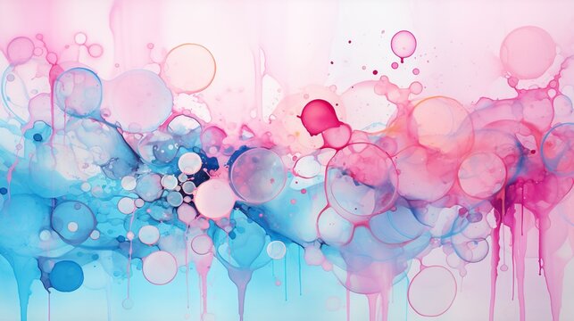  an abstract painting of blue and pink bubbles and bubbles on a white background.  generative ai