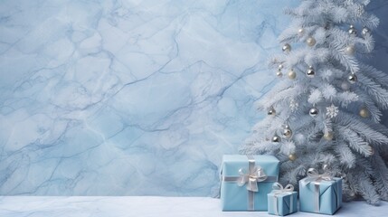  a white christmas tree with presents under it and a blue background.  generative ai