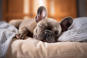 French bulldog sleeping on bed