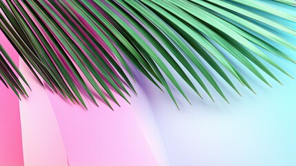  a close up of a palm leaf on a pink and blue background.  generative ai