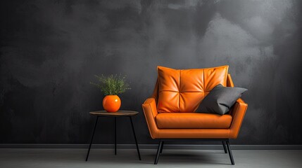  an orange chair and a table with a plant on it.  generative ai