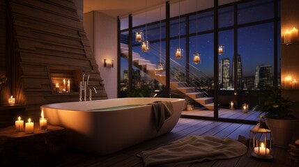 A luxurious bathroom boasting a freestanding tub, lit candles, and a soft bathrobe hanging nearby.