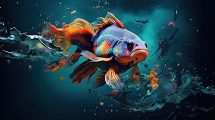 Fotobehang  a painting of a goldfish in the water with bubbles.  generative ai © Nadia