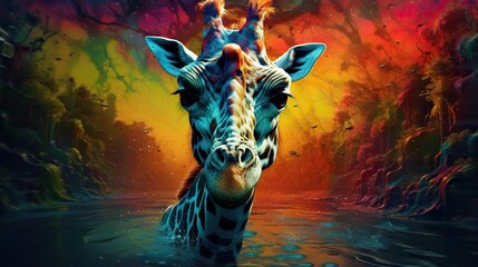  a painting of a giraffe standing in a body of water.  generative ai