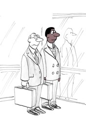 Men of different races in elevator