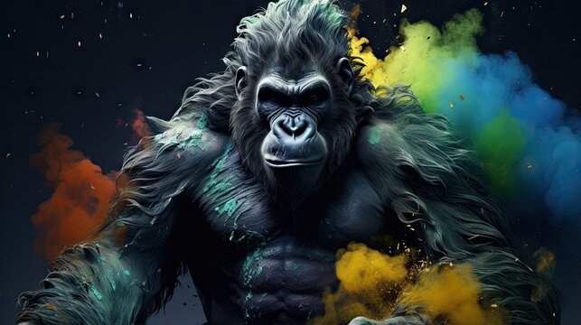  a gorilla is surrounded by colored smoke and smokes on a black background.  generative ai