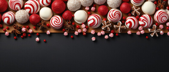 Christmas background with candy and fir tree branches.