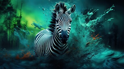 Naklejka na ściany i meble a zebra standing in a body of water surrounded by trees. generative ai