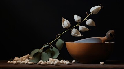 Obraz na płótnie Canvas a bowl with a spoon and some white flowers in it. generative ai