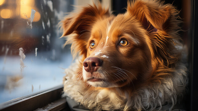 A furry friend, a dog with a snow-covered nose, gazing longingly through a window at the sparkling winter landscape, a heartwarming image of eager anticipation on a chilly morning