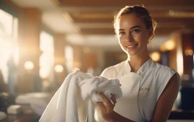 Luxury hotel maid preparing the room for next reservation. Resort or rental apartaments kousekeeping concept.