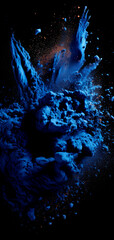 Freeze motion of blue dust explosion isolated on black background. AI Generated