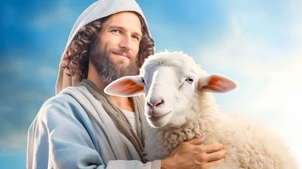 Poster Jesus recovered lost sheep carrying it in his arms. Biblical story conceptual theme. © Viks_jin