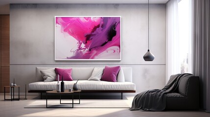  a living room with a couch and a painting on the wall.  generative ai