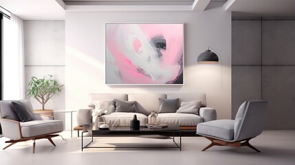  a living room with a couch, chairs, and a painting on the wall.  generative ai